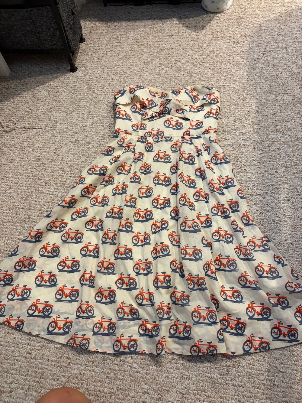 Vintage Anthropologie Strapless Cream Dress with Orange & Navy Bicycle Print